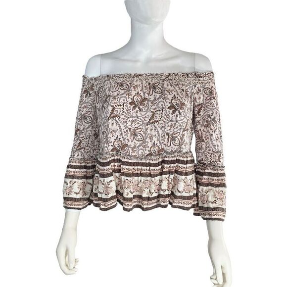 American Eagle Women’s M Cold Shoulder Neutrals Floral Long Sleeve Blouse Top - Picture 6 of 6